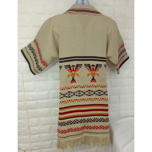 Vintage 70s-80s Aztec Southwestern Sweater Tunic Collar SSL Slits Fringe -10/12 - Picture 8 of 11